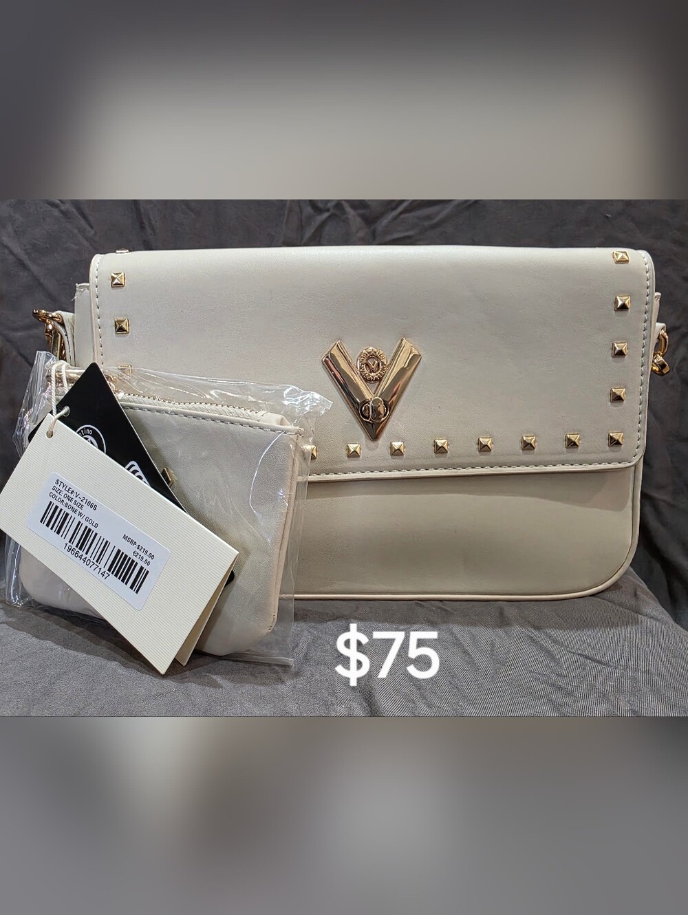 Valentino Orlandi Cream Studded Flap Shoulder Bag with Gold V Emblem
